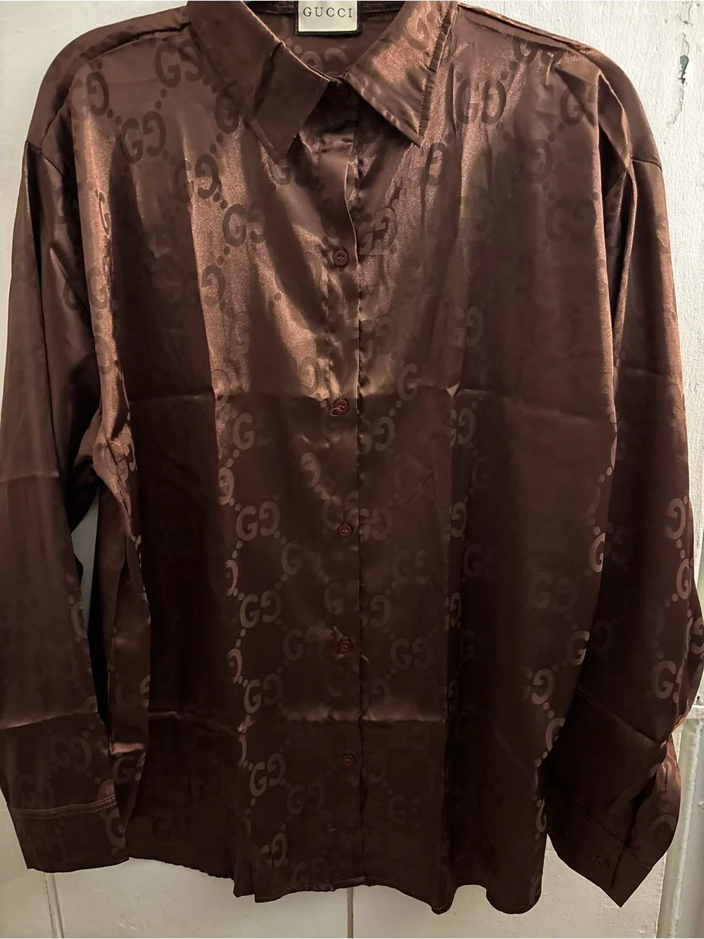 New Fashion Brown Satin Logo-Print Button-Down Shirt